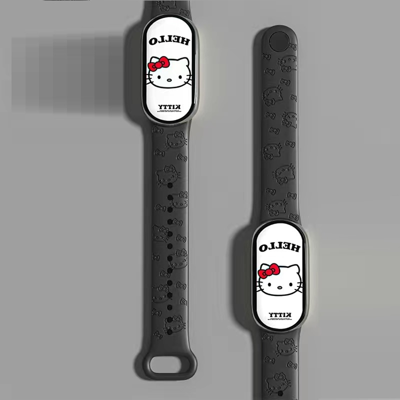 Силіконовий ремінець для Xiaomi Mi Band 8/9 з лазерним гравіюванням HELLO Kitty (Чорний)
