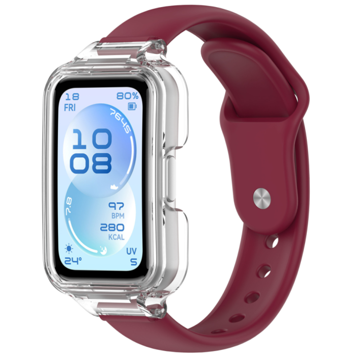 Ремінець для Huawei Band 8 / 9 / 10 з прозорим захисним бампером, силіконовий спортивний браслет (red wine)
