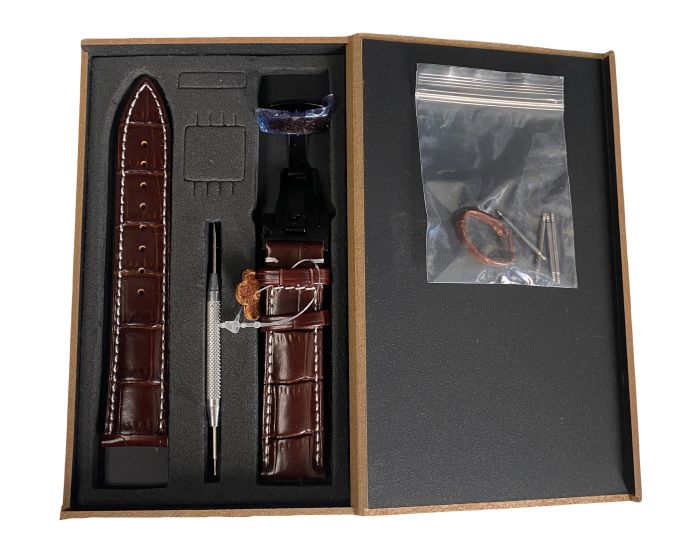 Шкіряний ремінець для годинника CLSK6 Коричневий з білою ниткою 20мм, Срібло, Рожеве золото (Чорний)